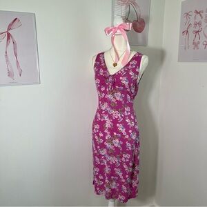 Vintage Y2K Gap Floral Pink 100% Rayon Midi Dress Womens Size Medium.